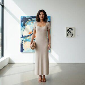 NWT Staud Camden Sweetheart Pull On Knit Maxi Dress Nude